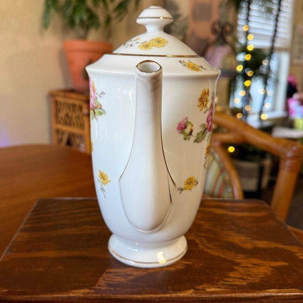 Vintage Albion 1950’s Floral Porcelain Teapot Sugar Dish Set White Pink Yellow - Picture 5 of 14